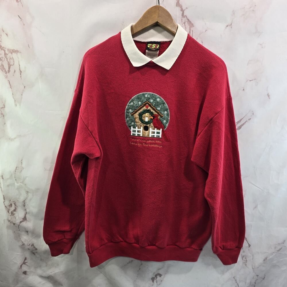 Vintage Christmas Sweatshirt Womens XL Red 90s Holiday Wreath Cardinal Granny